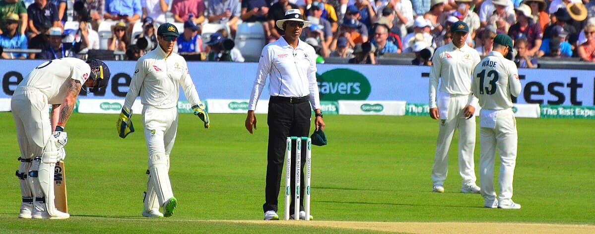 Poised for the start of Day 4 of the 3rd Test of the 2019 Ashes Ben Stokes; Tim Paine; umpire Joel Wilson; Usman Khawaja and Matthew Wade (48630622833) (1)