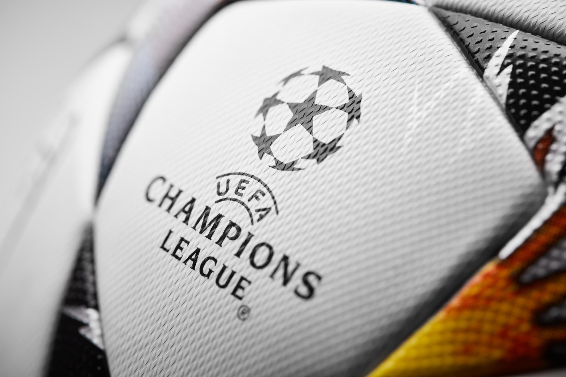 Kiev, Ukraine February 22, 2018: Champions League official ball on which the stars are painted in blue and yellow colors, symbolizing the Ukrainian flag.