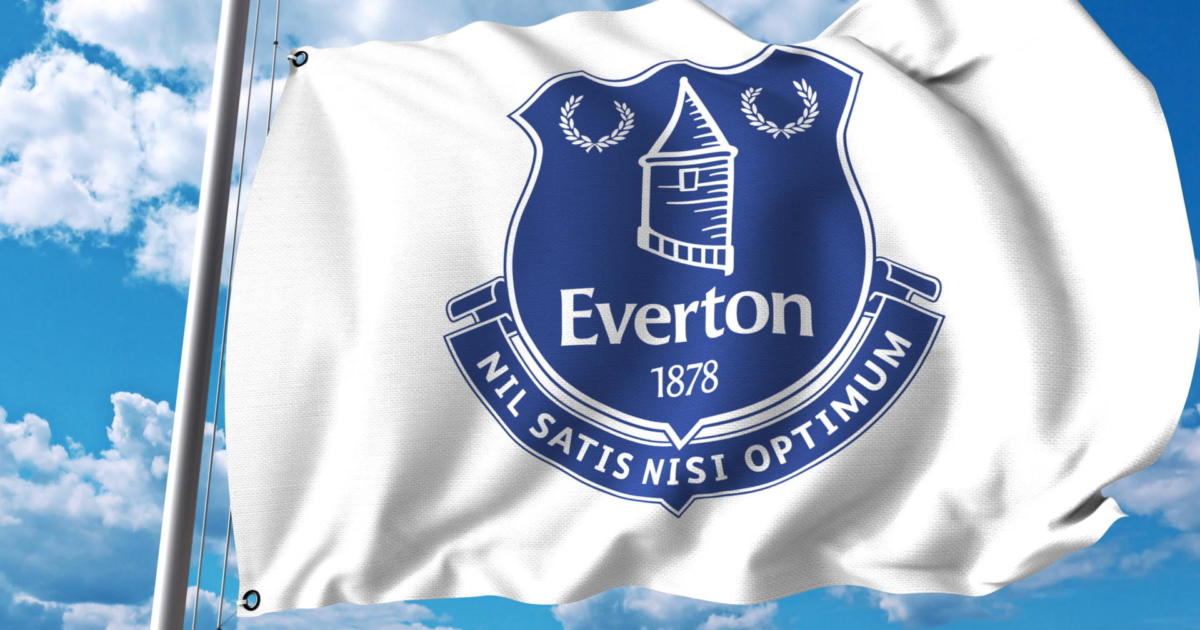 Waving flag with Everton FC football club logo. Editorial 3D rendering