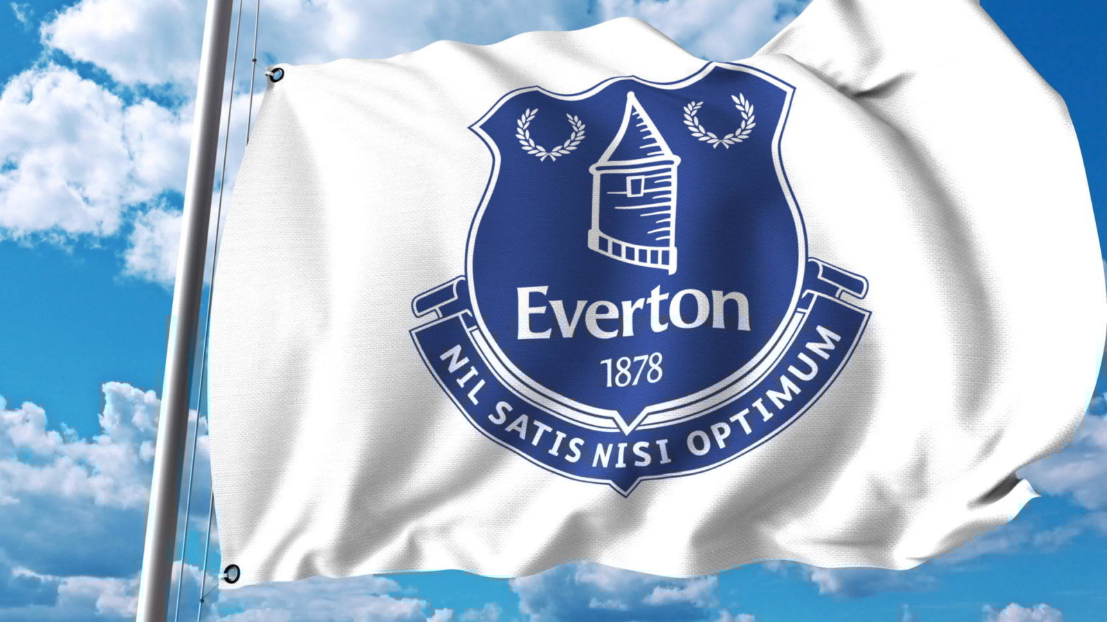 Waving flag with Everton FC football club logo. Editorial 3D rendering