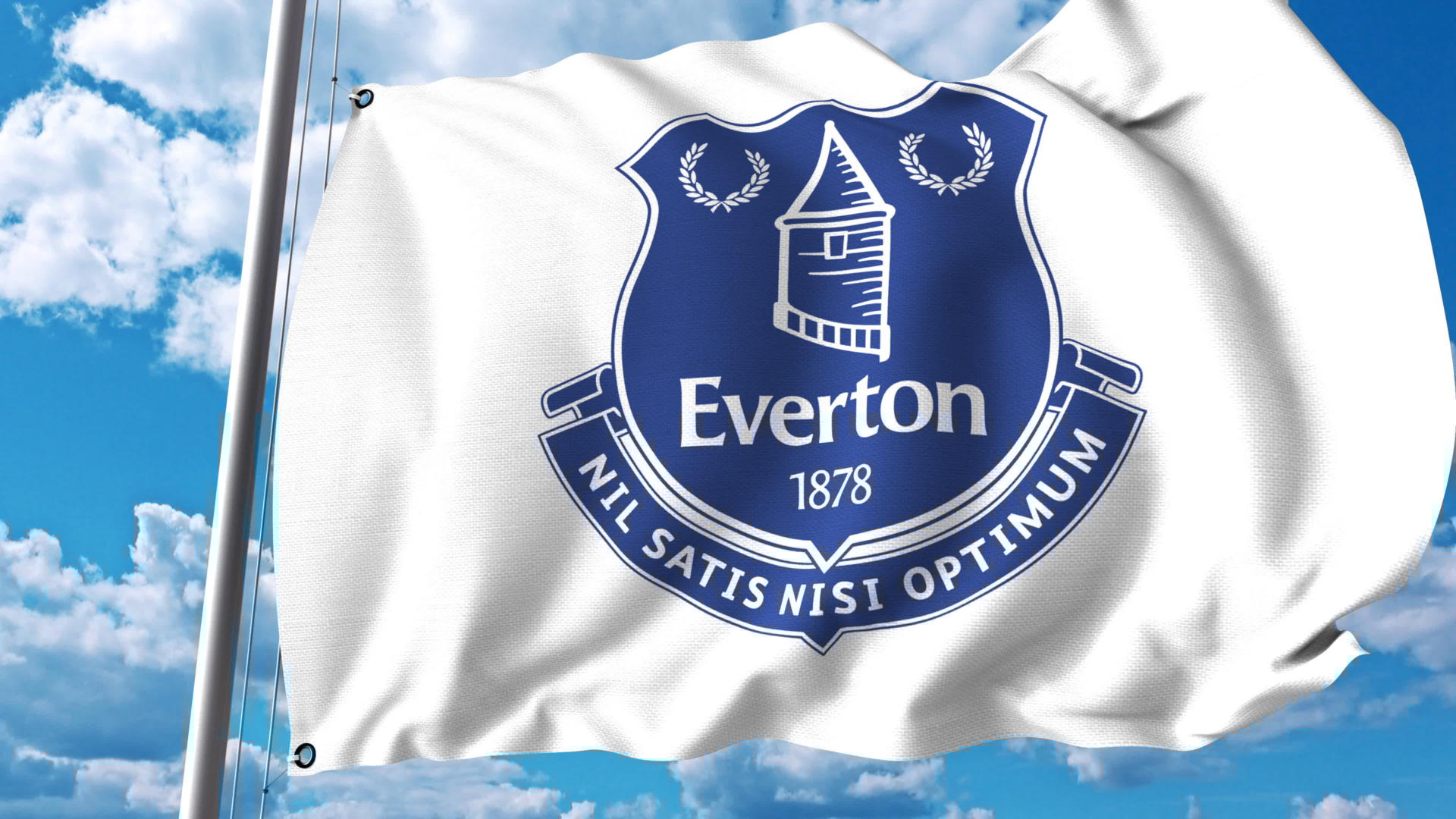 Waving flag with Everton FC football club logo. Editorial 3D rendering