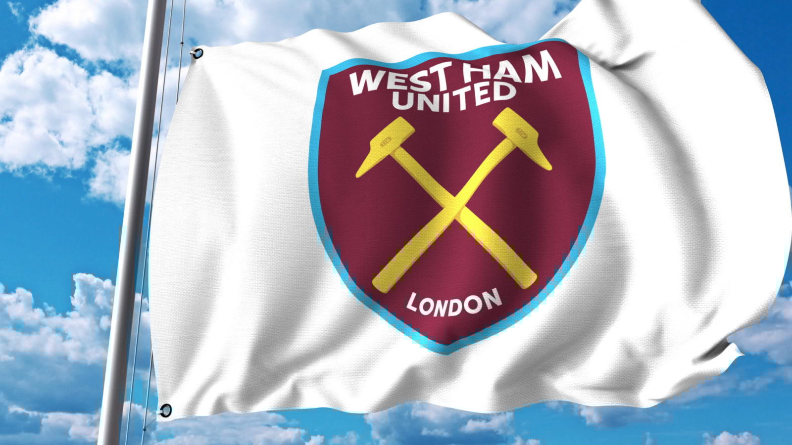 Waving flag with West Ham United FC football club logo. Editorial 3D rendering