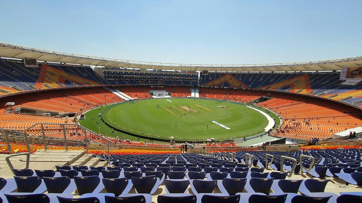 Aerial view of the largest stadium in the world, Narendra Modi Stadium in India
