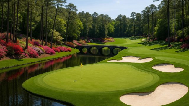 Aerial view of Augusta National Golf Club with blooming azaleas and pristine fairways