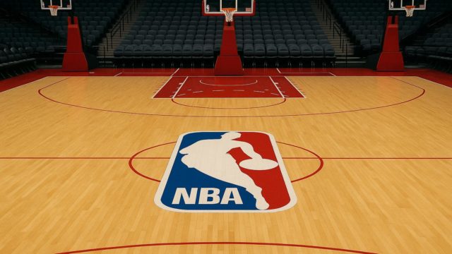 Tallest NBA player ever standing on court next to average-height players