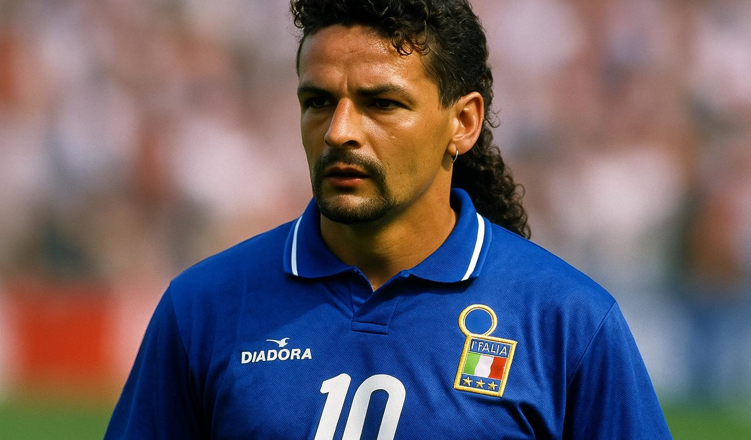 Roberto Baggio during a match with the Italy national team, wearing the iconic number 10 jersey