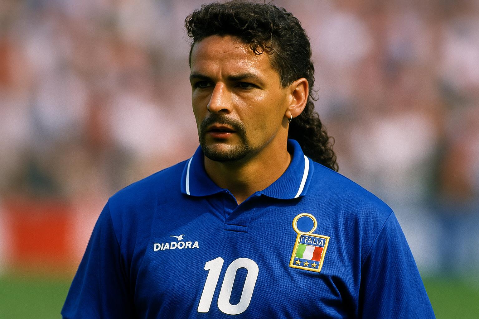 Roberto Baggio during a match with the Italy national team, wearing the iconic number 10 jersey