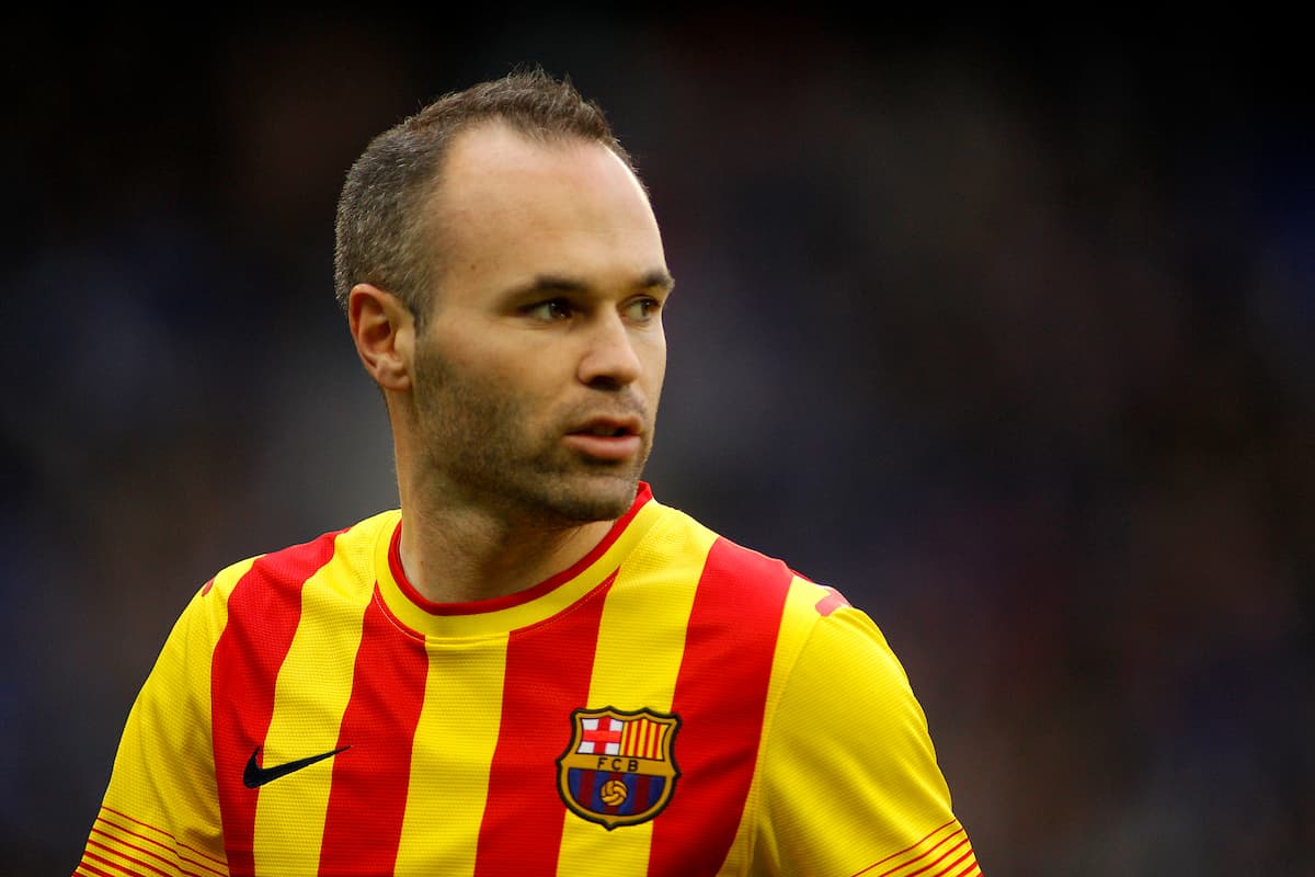 Andrés Iniesta celebrating a goal for FC Barcelona in 2025