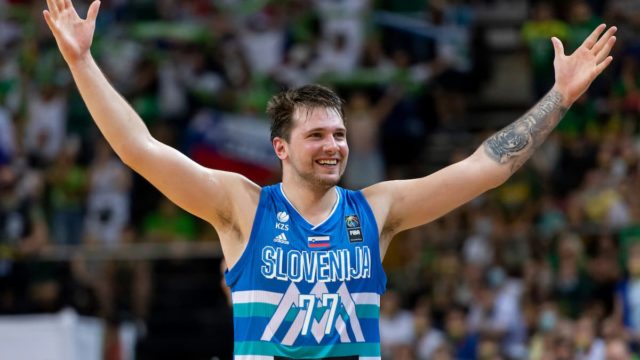 Luka Dončić celebrating during a Slovenia game in 2025