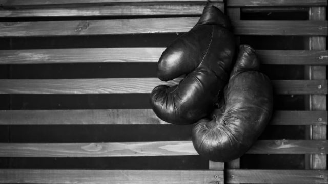 Sandy Saddler delivering a knockout punch during a featherweight title fight