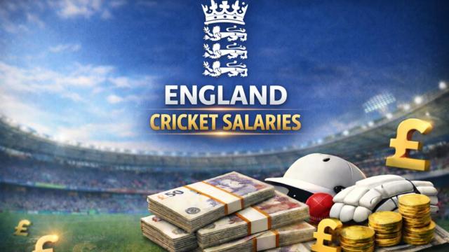 England cricket salaries graphic showing ECB crest, central title text, cricket helmet and gloves, stacks of pound notes, gold coins, and a blurred cricket stadium background.