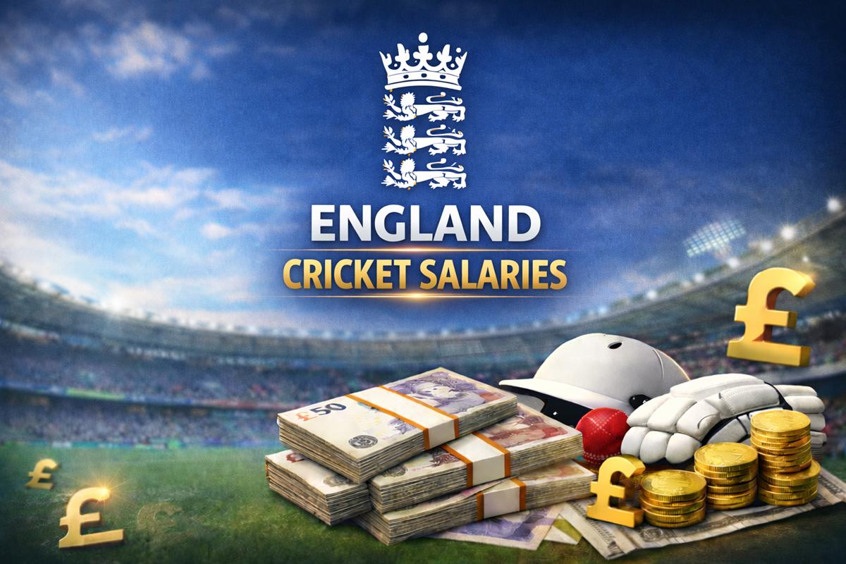 England cricket salaries graphic showing ECB crest, central title text, cricket helmet and gloves, stacks of pound notes, gold coins, and a blurred cricket stadium background.