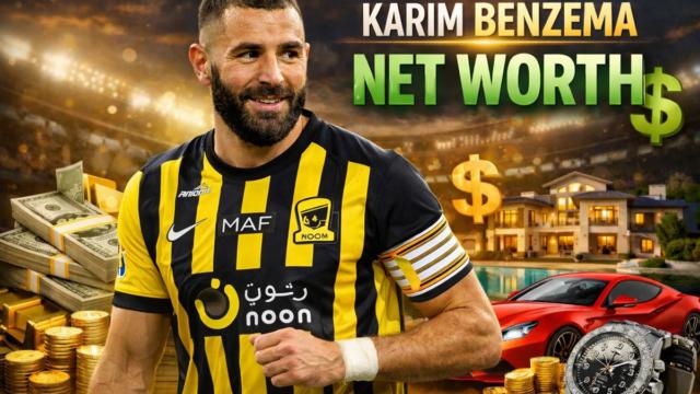 Karim Benzema celebrating after scoring, with stadium lights behind him