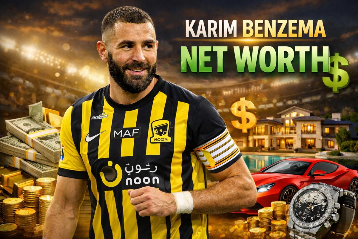 Karim Benzema celebrating after scoring, with stadium lights behind him