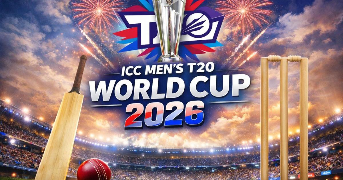 ICC Men's T20 World Cup 2026 featured image with cricket bat, ball and stumps in stadium