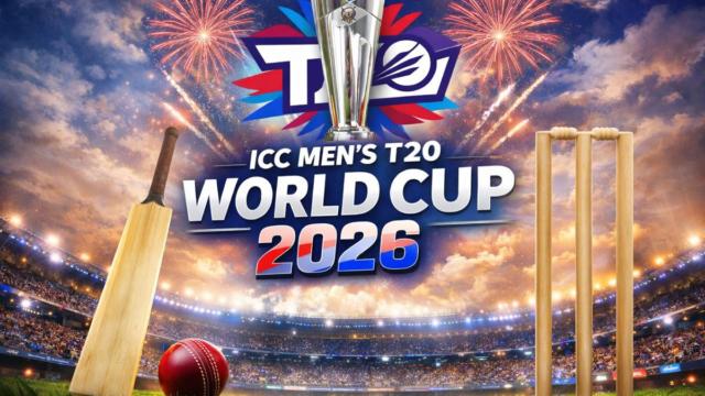 ICC Men's T20 World Cup 2026 featured image with cricket bat, ball and stumps in stadium