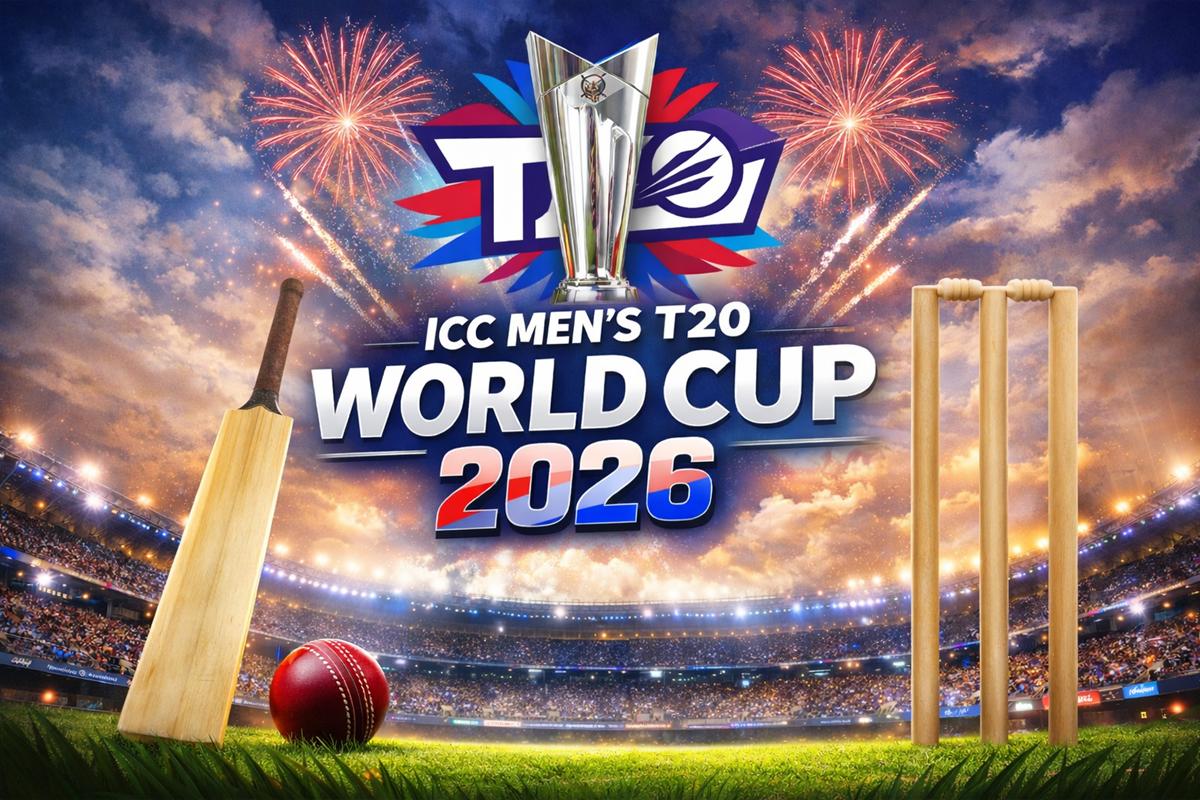ICC Men's T20 World Cup 2026 featured image with cricket bat, ball and stumps in stadium