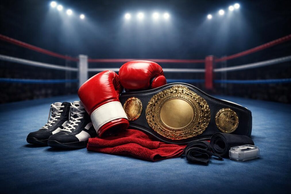 Boxing gloves and championship belt in a ring representing boxing weight classes