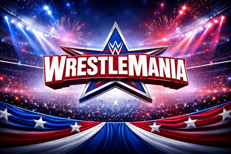 WWE WrestleMania history themed graphic with WrestleMania logo on navy red and white background