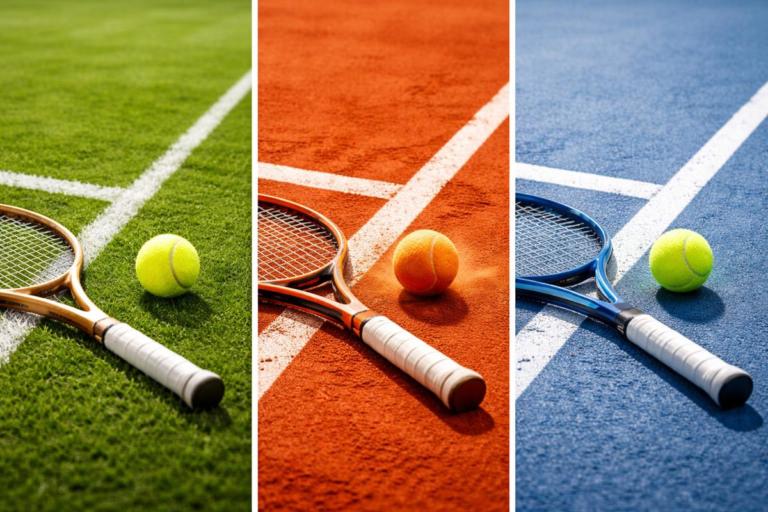 Tennis court surfaces comparison showing grass, clay and hard courts with rackets and balls on each surface