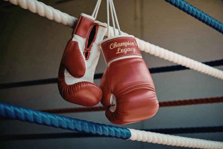 Boxing ring with gloves, belts and fight card graphics for a boxing rules explained guide
