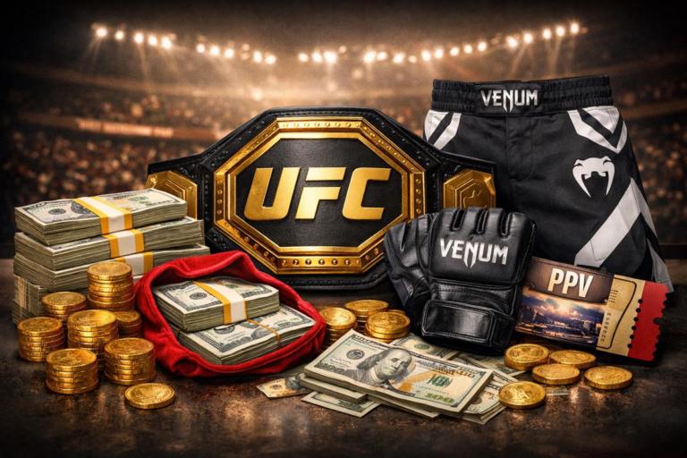 Two UFC fighters touch gloves in the Octagon under bright arena lights, illustrating UFC bonus and fighter pay.