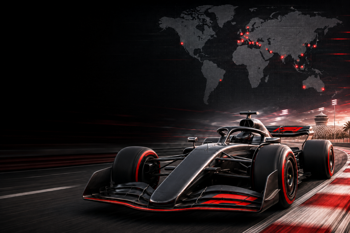 2026 Formula 1 calendar poster showing the 22-race schedule, with Australia opening and Abu Dhabi closing the season