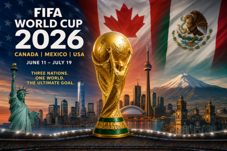 FIFA World Cup 2026 poster for Canada, Mexico and the USA, with the trophy and host-country landmarks