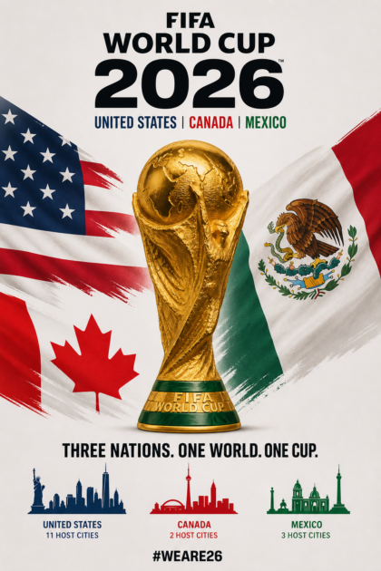 FIFA World Cup 2026 poster with the trophy and flags of the United States, Canada and Mexico