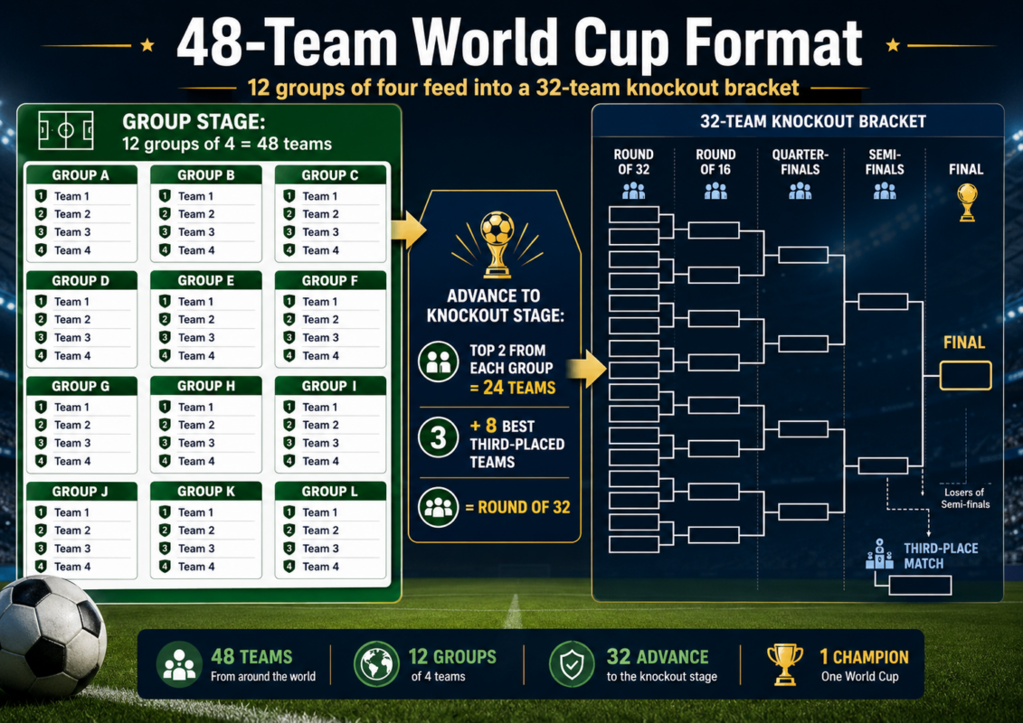 Diagram showing the 48-team World Cup format: 12 groups feed into a 32-team knockout bracket, with a third-place match