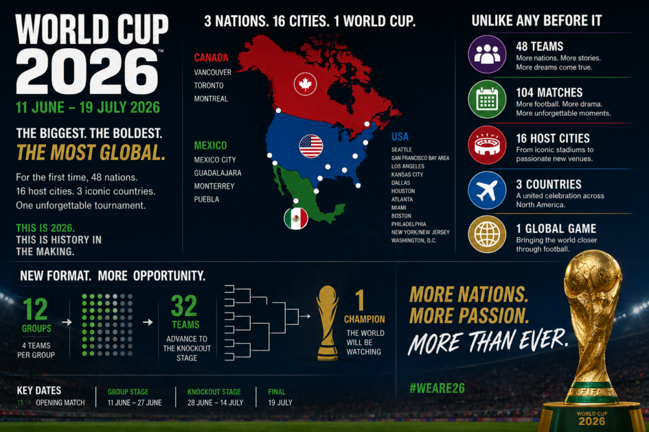 Infographic announcing the FIFA World Cup 2026 in Canada, Mexico and the USA,