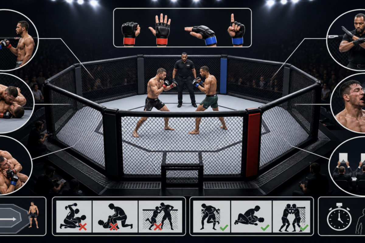 Two UFC fighters competing inside the Octagon during a mixed martial arts bout under official rules