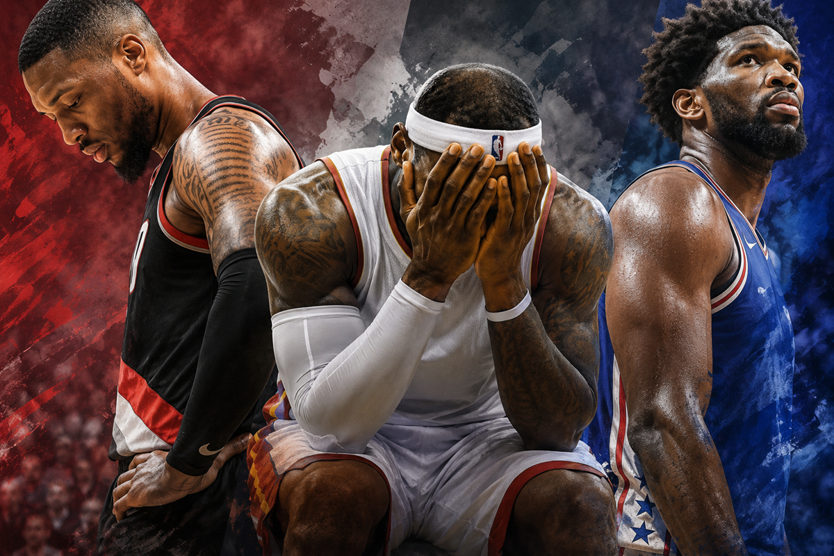 Three NBA stars look dejected on court during a dramatic playoff scene about the biggest postseason failures.