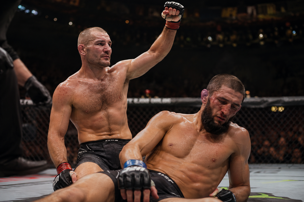 Sean Strickland celebrates after defeating Khamzat Chimaev at UFC 328 in a dramatic middleweight fight scene.