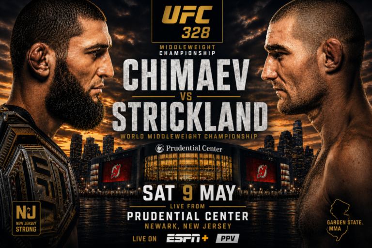 UFC 328 poster featuring Chimaev vs Strickland at Prudential Center in Newark, New Jersey on Sat 9 May.