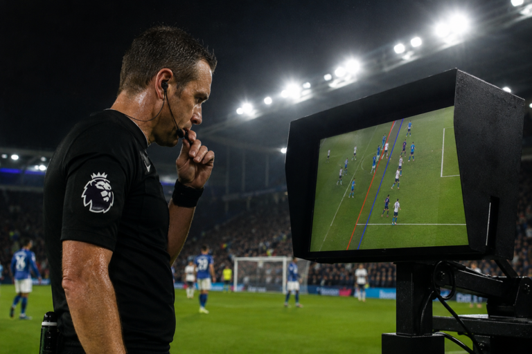 Premier League referee reviewing a VAR decision during a controversial match