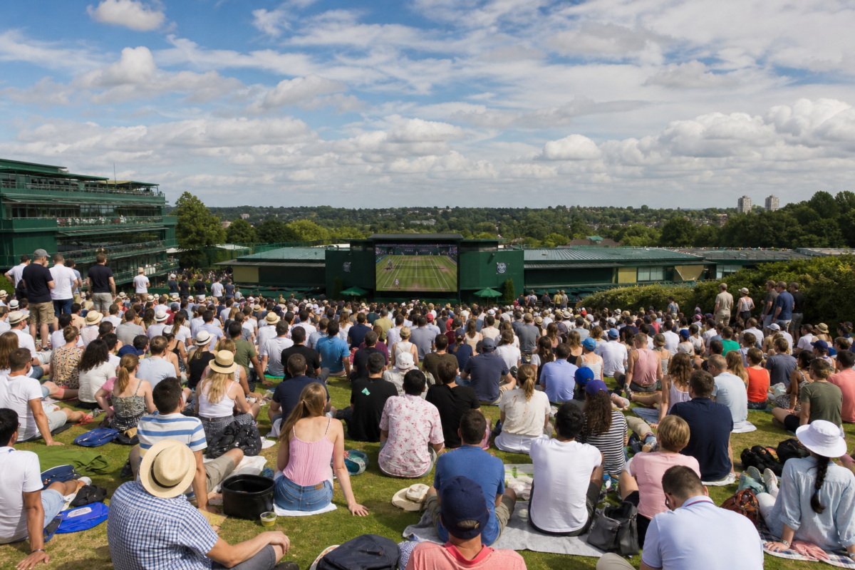 Crowd watching a tennis match on a large outdoor screen at Wimbledon
