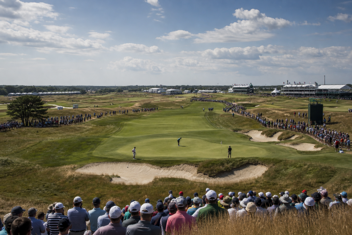 Crowd watching golfers on a championship golf course with bunkers and grandstands under a partly cloudy sky