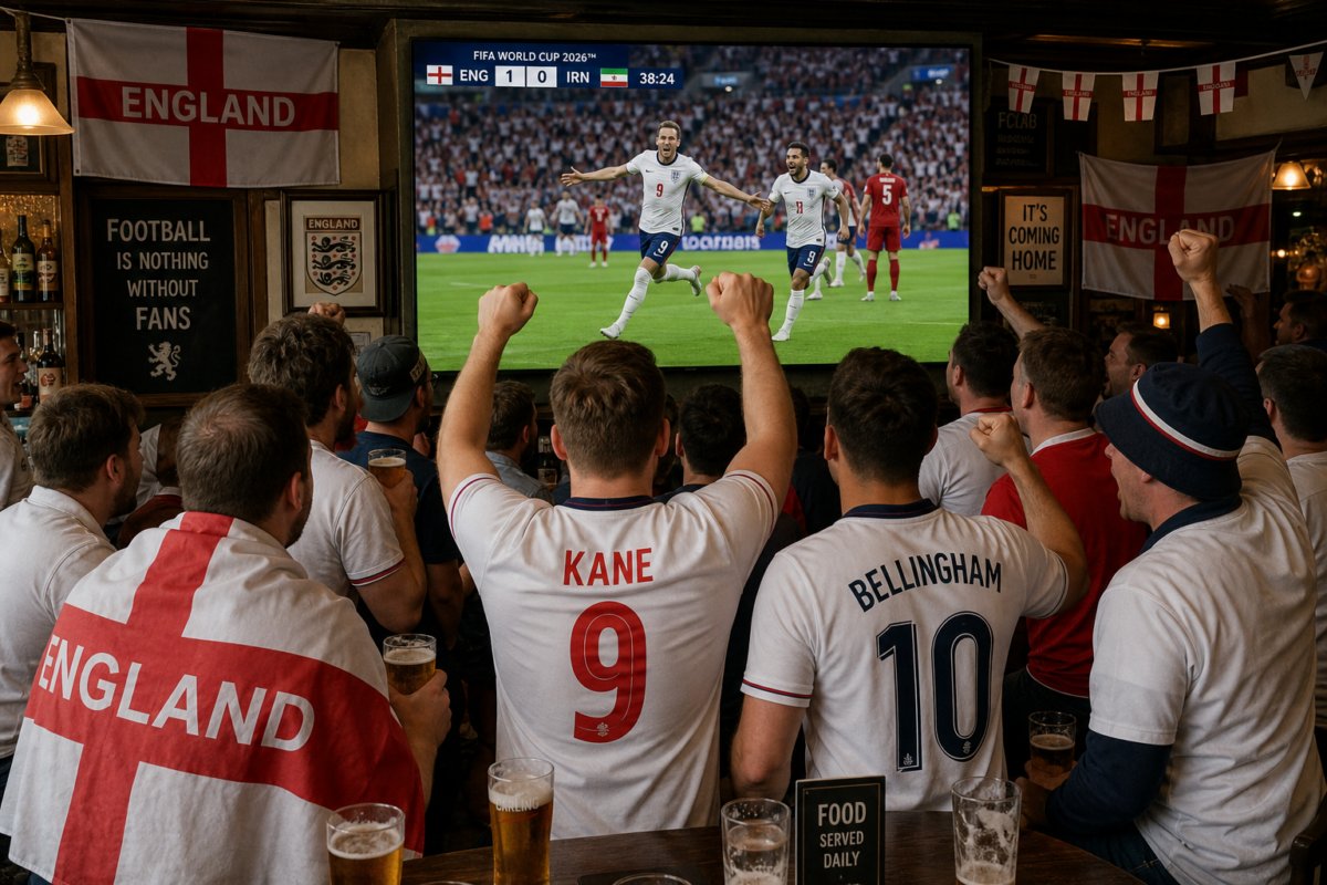England fans cheering in a pub as the team scores on TV during a World Cup match