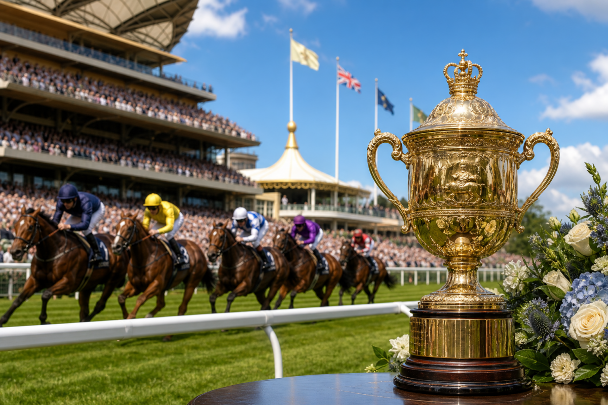 Gold horse racing trophy beside a race in progress at a packed grandstand