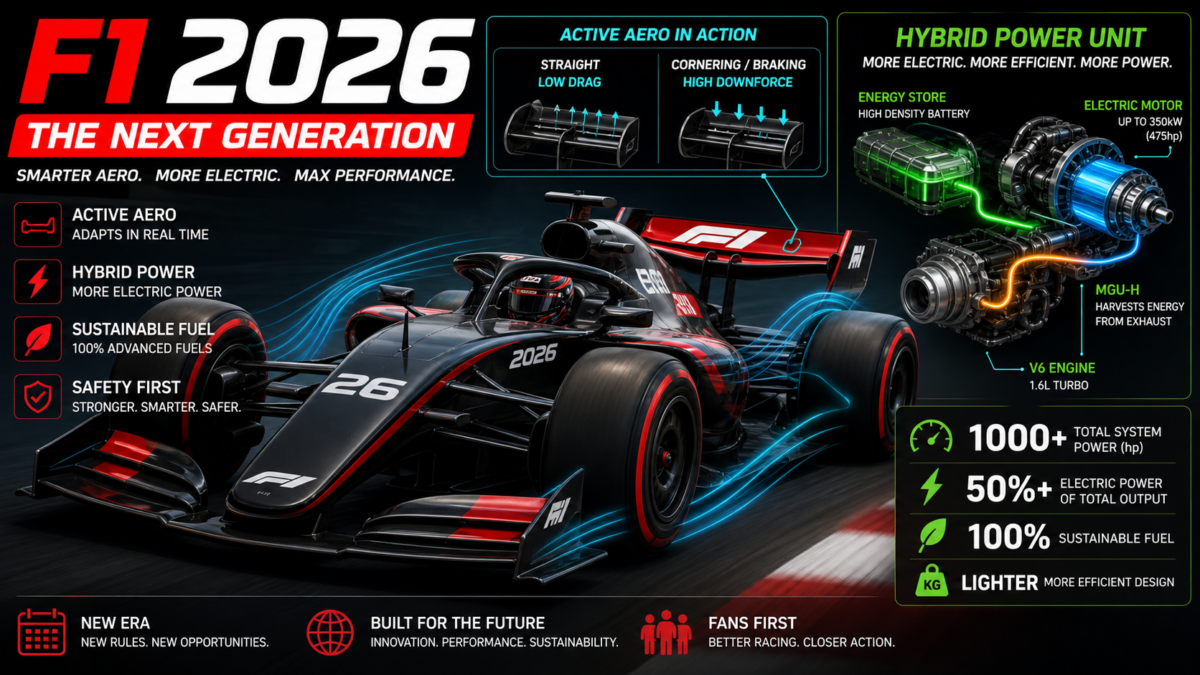 Infographic of a 2026 Formula 1 concept car showing active aero, hybrid power