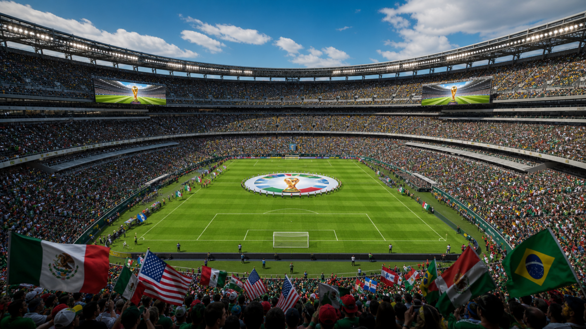 Packed football stadium with a World Cup trophy display on the pitch and fans