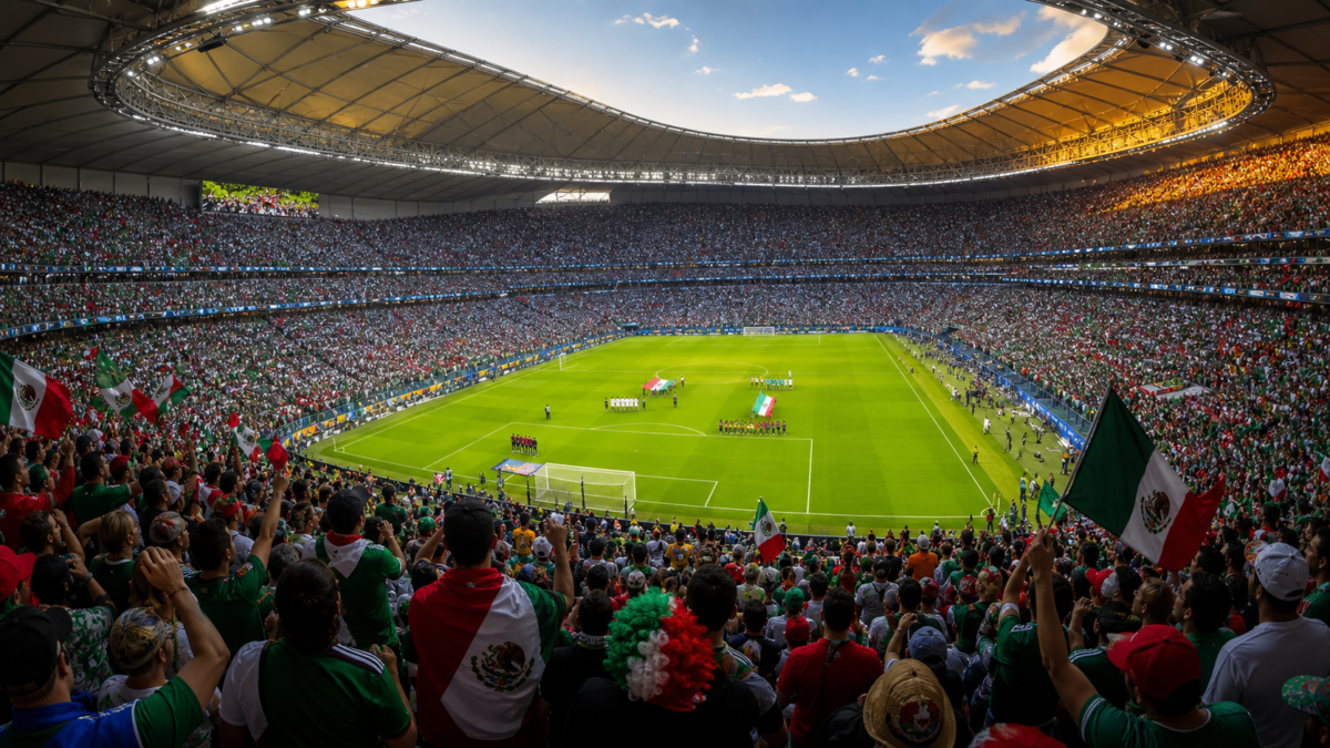 Packed football stadium with fans waving Mexican flags before kick-off