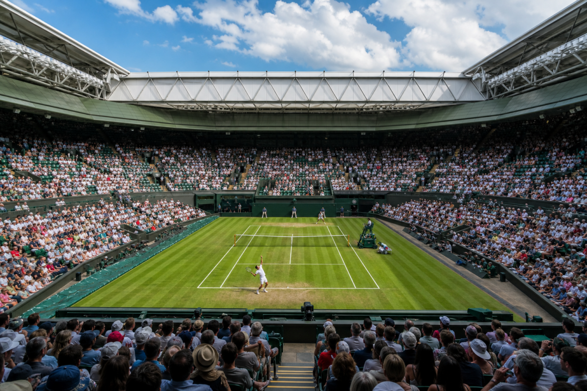 Tennis match on a packed grass court at Wimbledon