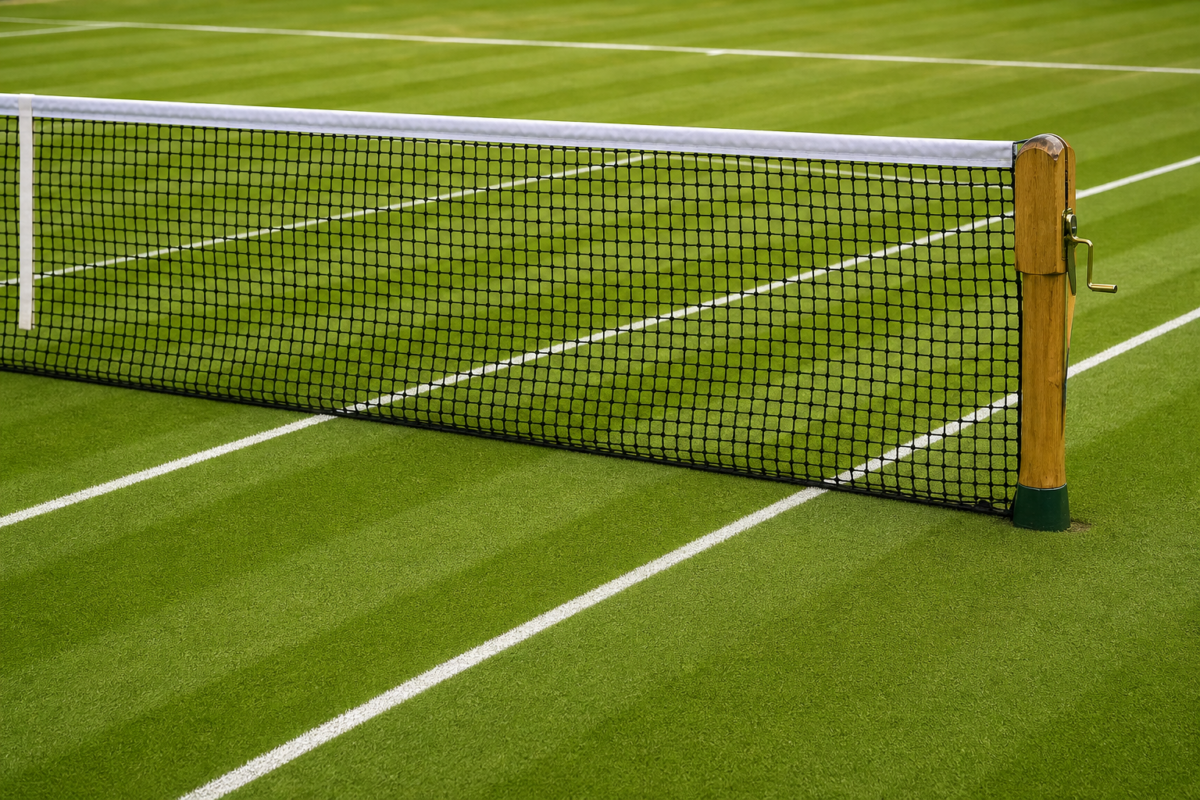 Tennis net on a grass court
