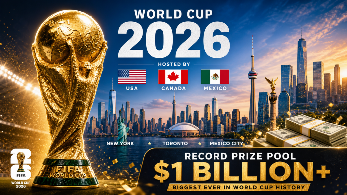 World Cup 2026 poster showing USA, Canada and Mexico as hosts, with a record