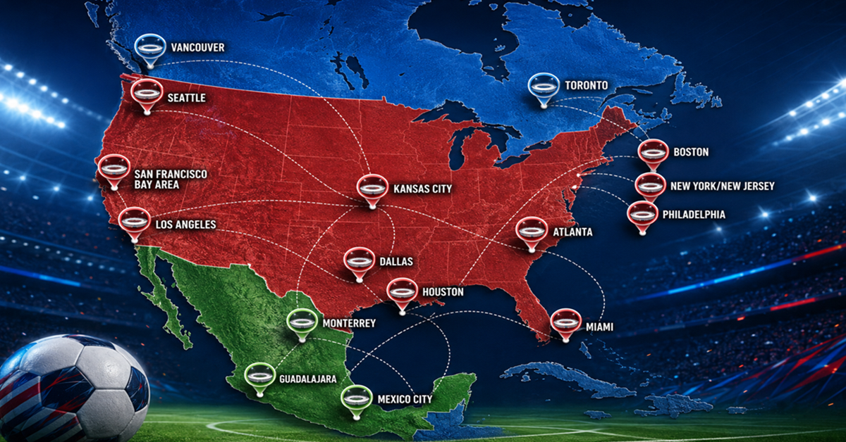 World Cup 2026 stadium map showing host cities across Canada, Mexico and the USA