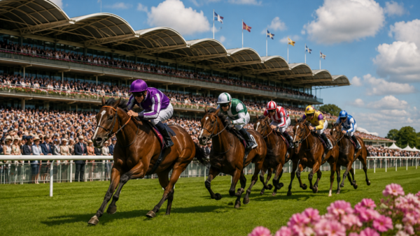 Horses race past the grandstand at Goodwood Racecourse during the Qatar Goodwood Festival