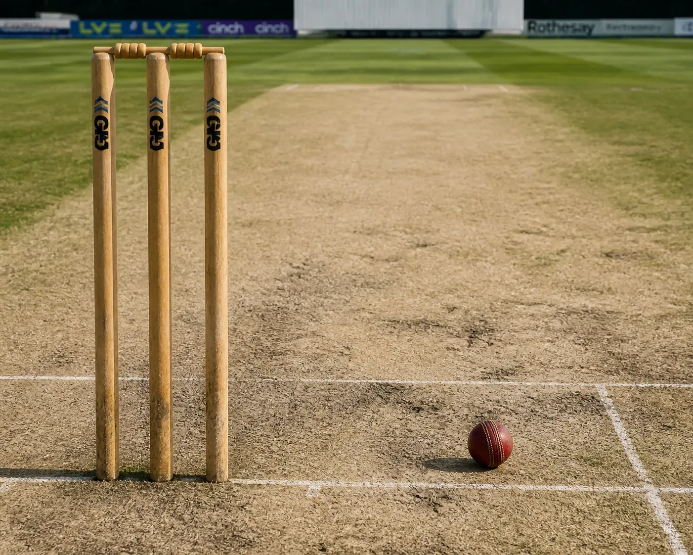 Cricket stumps and a red ball on a worn pitch