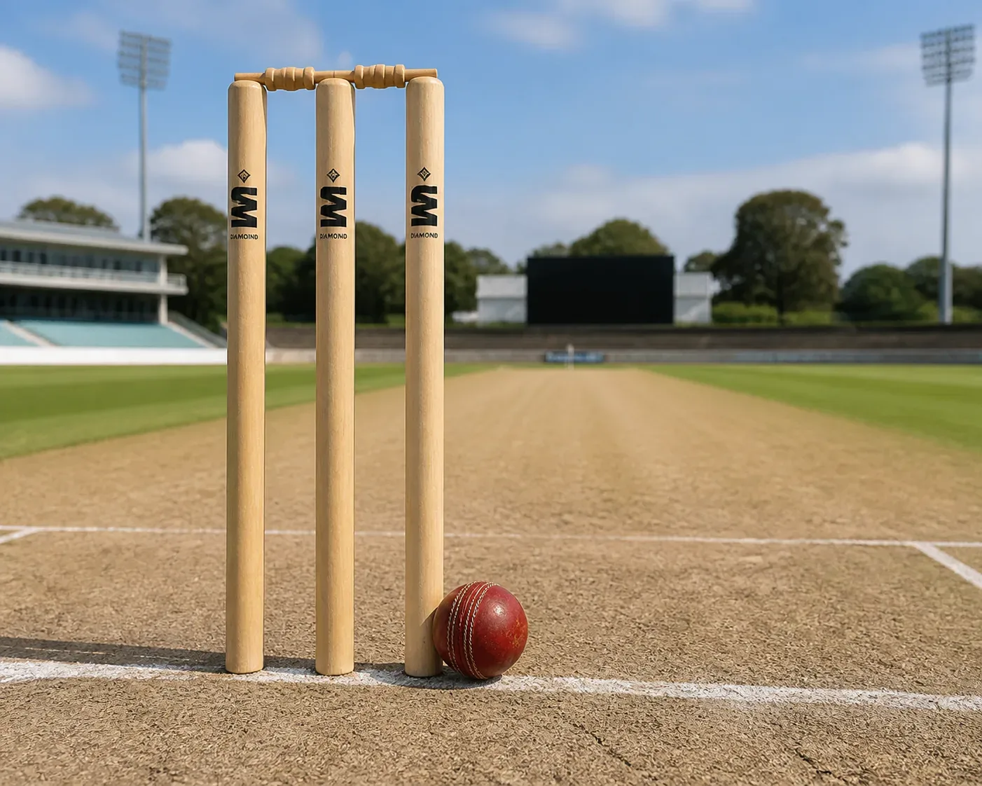 Three cricket stumps and a red cricket ball on a cricket pitch in a stadium